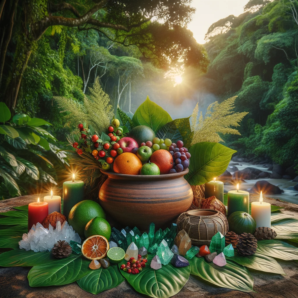 DALL·E 2023-12-19 17.32.38 - A picturesque scene set in the heart of a lush forest. In the center, there is a rustic earthenware vase, overflowing with an assortment of vibrant fr