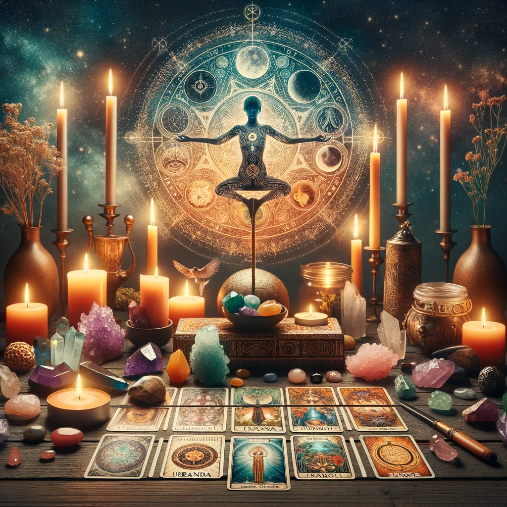 DALL·E 2023-12-19 18.01.09 - An image that merges the themes of the last two creations, depicting 'Holistic Approach to Well-Being' with Umbanda spirituality and Tarot cards, with